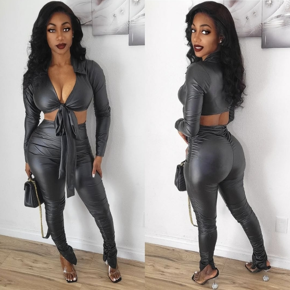 Sleek Dark Gray Tie-Front Two-Piece Set